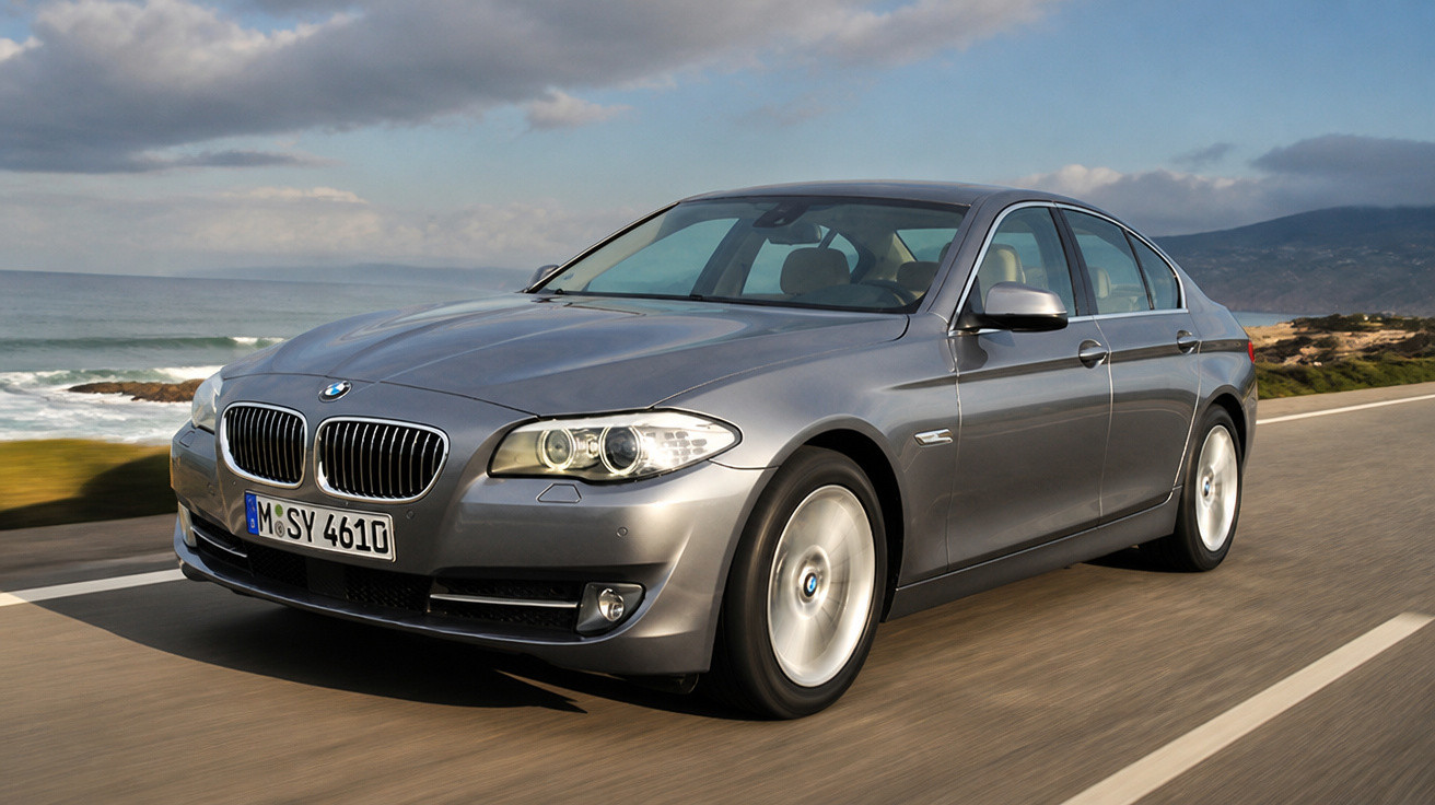 Carro BMW prata em movimento na estrada à beira-mar com céu nublado ao fundo.