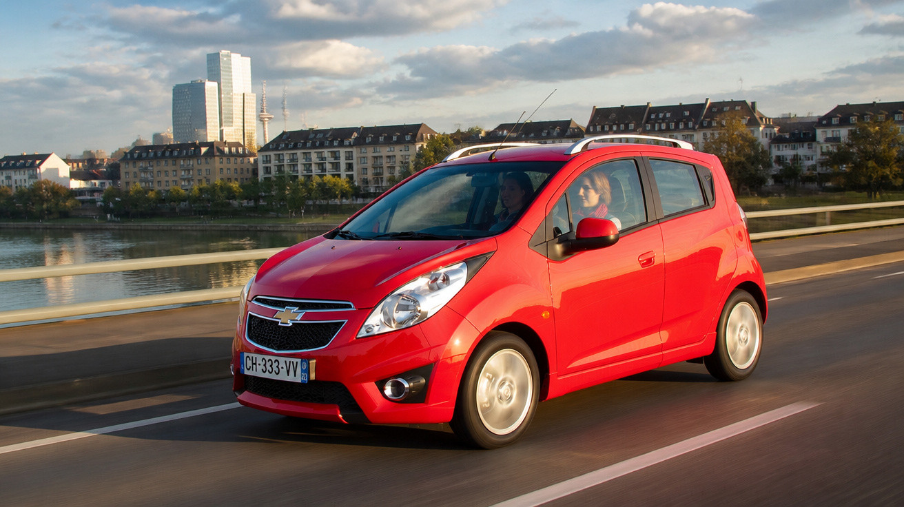 Carro compacto vermelho Chevrolet em movimento numa estrada urbana ao lado de um rio.