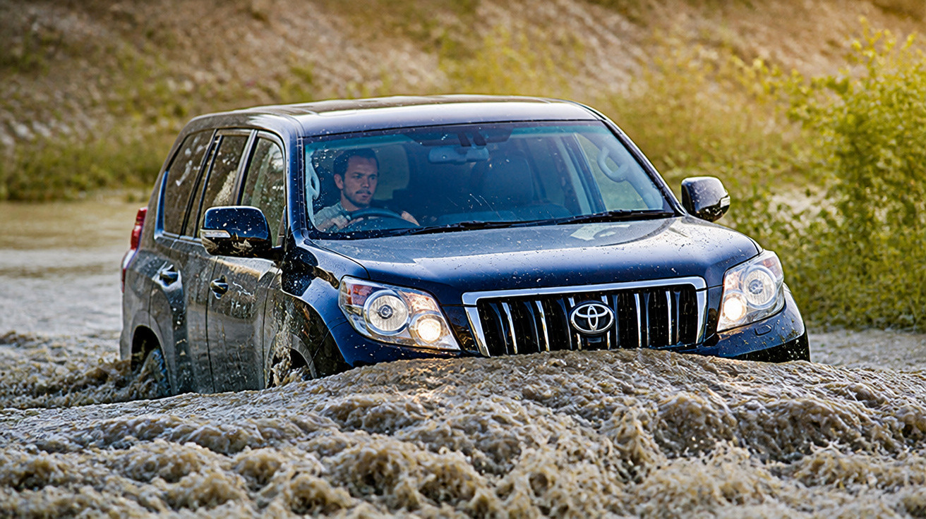 Carro SUV preto atravessando rio com água alta e motorista visível no interior.