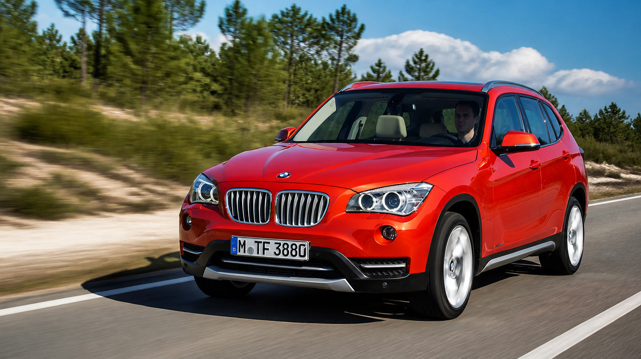 Carro BMW X1 vermelho dirigindo em estrada cercada por árvores sob céu azul.