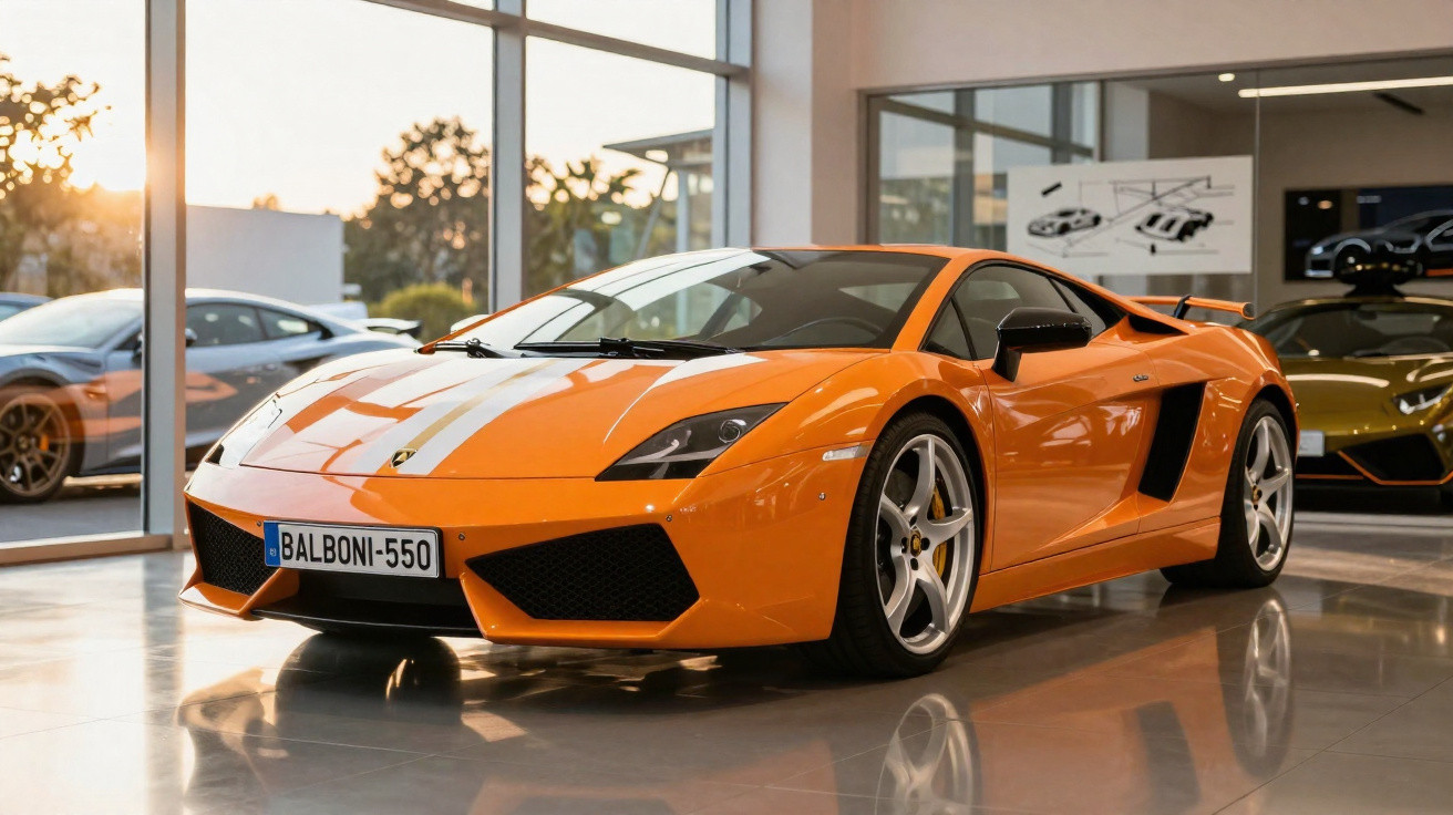 Carro esportivo Lamborghini laranja estacionado em showroom com janelas grandes ao fundo.