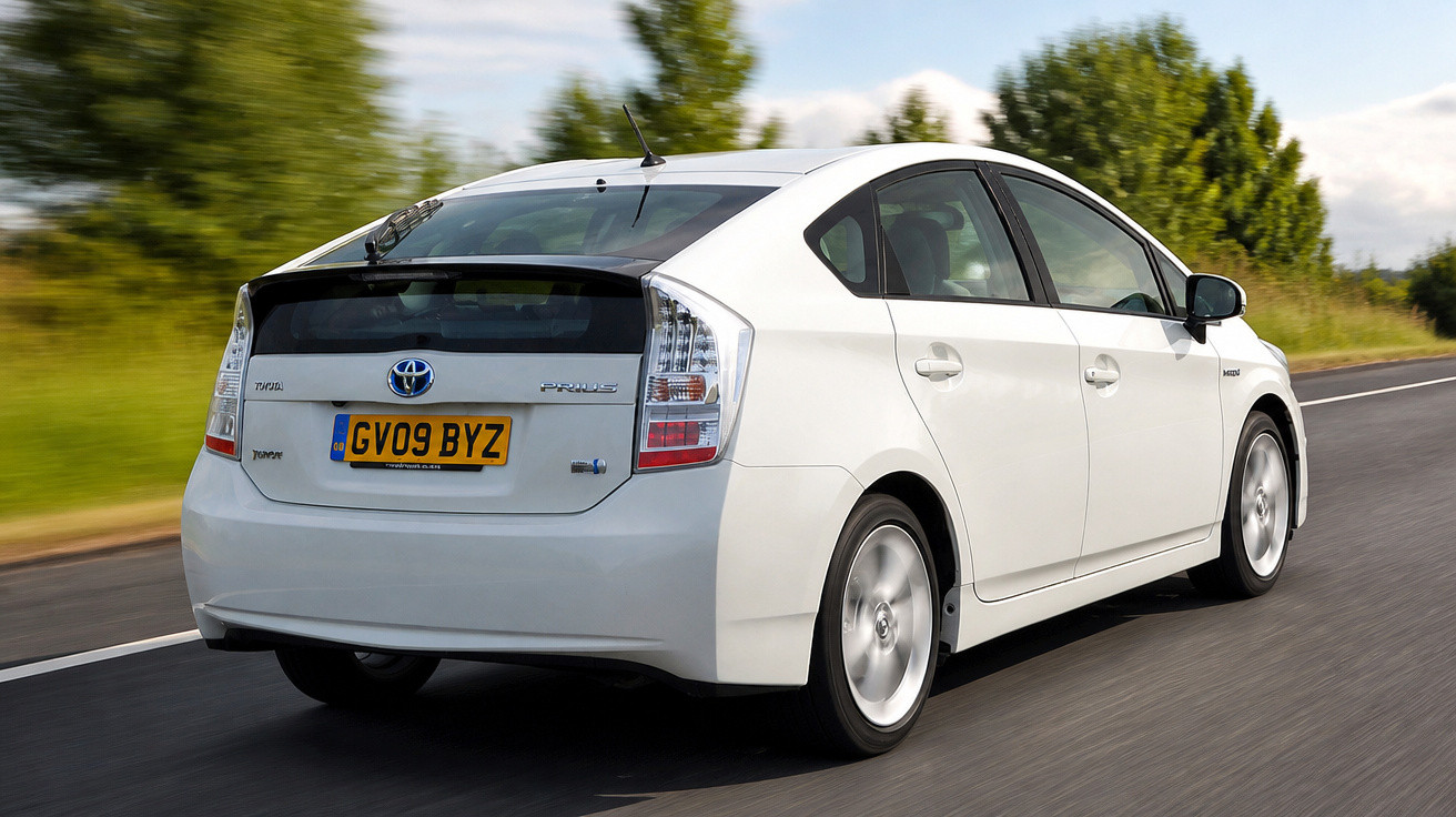 Carro branco Toyota Prius híbrido em movimento em estrada rural com árvores ao fundo.