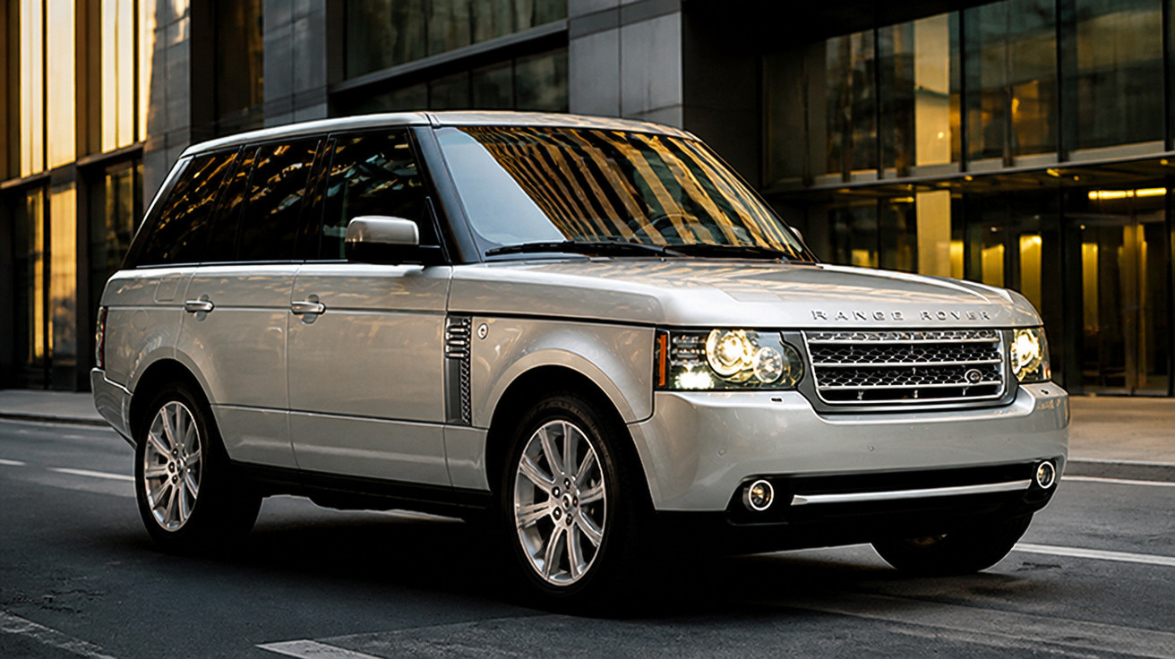 SUV prata Range Rover estacionado em rua urbana com prédios de vidro ao fundo.