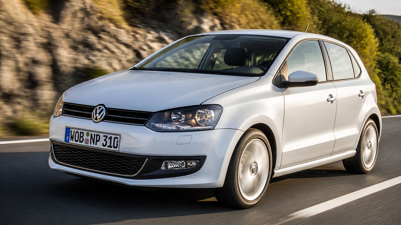 Carro branco Volkswagen Polo trafegando em estrada com vegetação ao fundo em dia ensolarado.