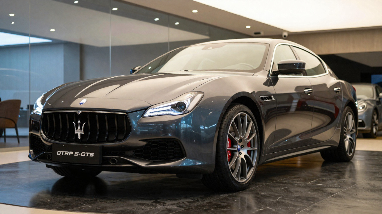 Carro esportivo cinza Maserati QTRP S-GTS exibido em showroom moderno e iluminado.