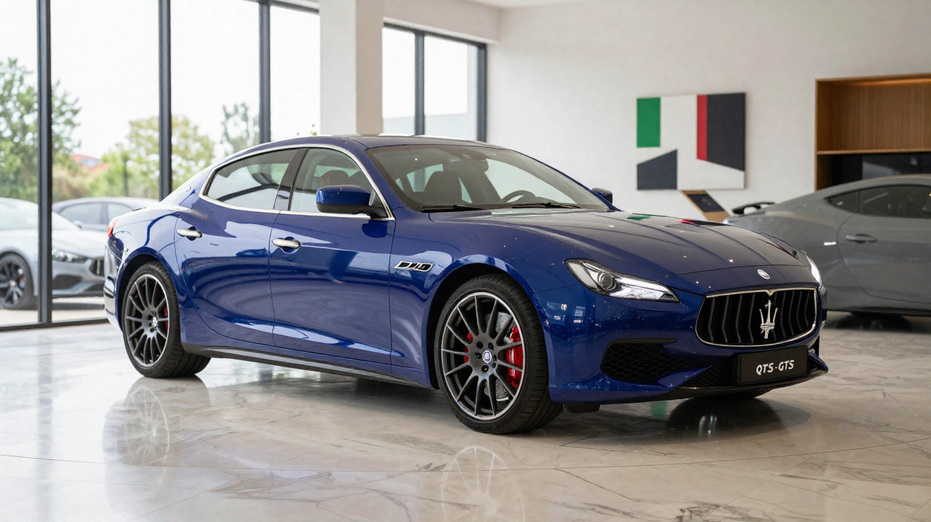 Carro sedan esportivo azul com rodas pretas e freios vermelhos em showroom iluminado e moderno.