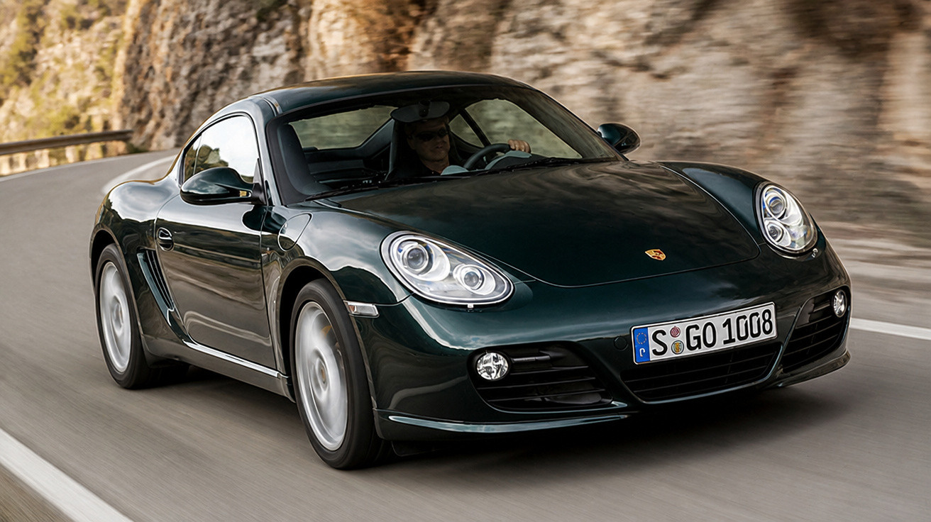 Carro esportivo preto Porsche trafegando em estrada sinuosa com motorista ao volante.