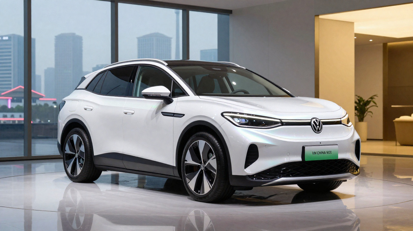 Carro elétrico branco Volkswagen ID.6 X estacionado em ambiente interno moderno com janelas grandes.
