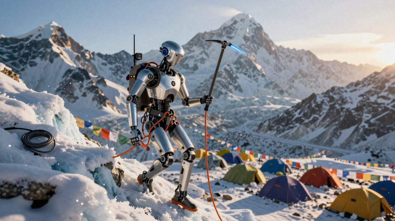 Robô equipado com piqueta escalando montanha nevada próxima a acampamento com barracas coloridas.