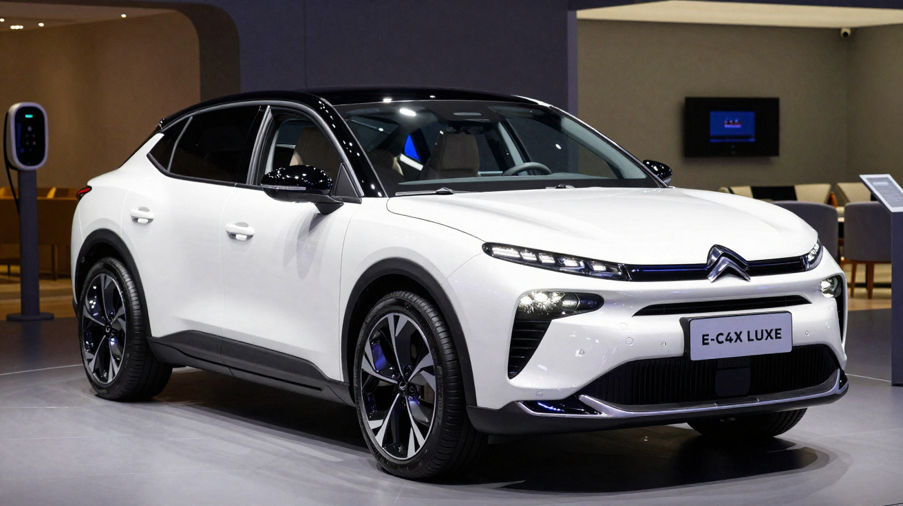 Carro elétrico Citroën E-C4X LUXE branco em exposição interna com design moderno e rodas pretas.