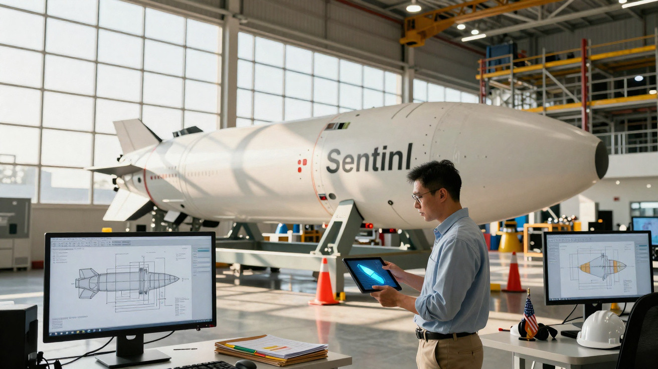 Homem analisando projeto digital de míssil Sentinl em laboratório tecnológico moderno.
