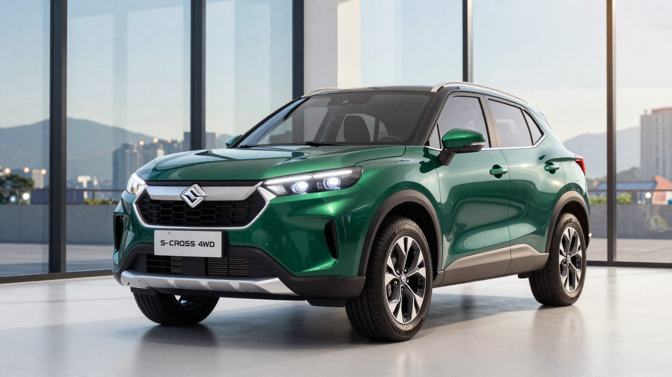 Carro SUV verde Suzuki S-Cross 4WD estacionado em ambiente interno com grandes janelas de vidro.