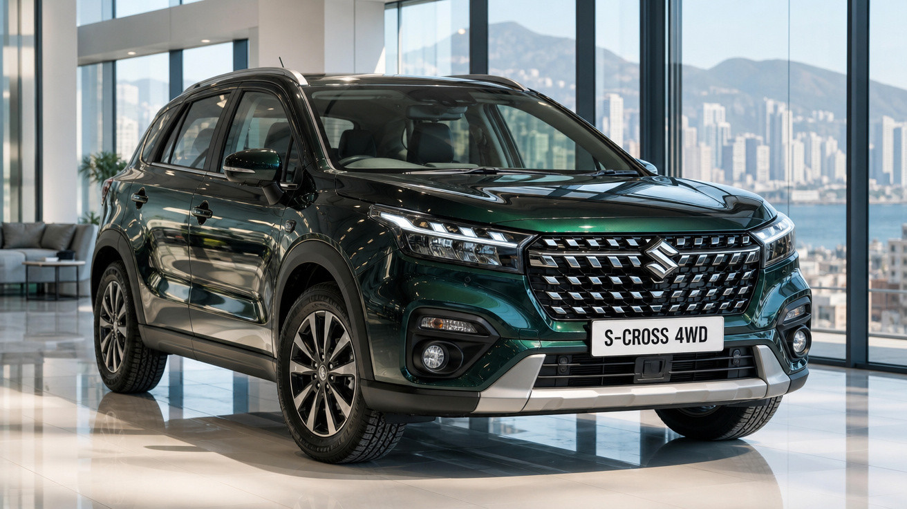 SUV Suzuki S-Cross 4WD verde escuro exibido em showroom moderno com janelas amplas.