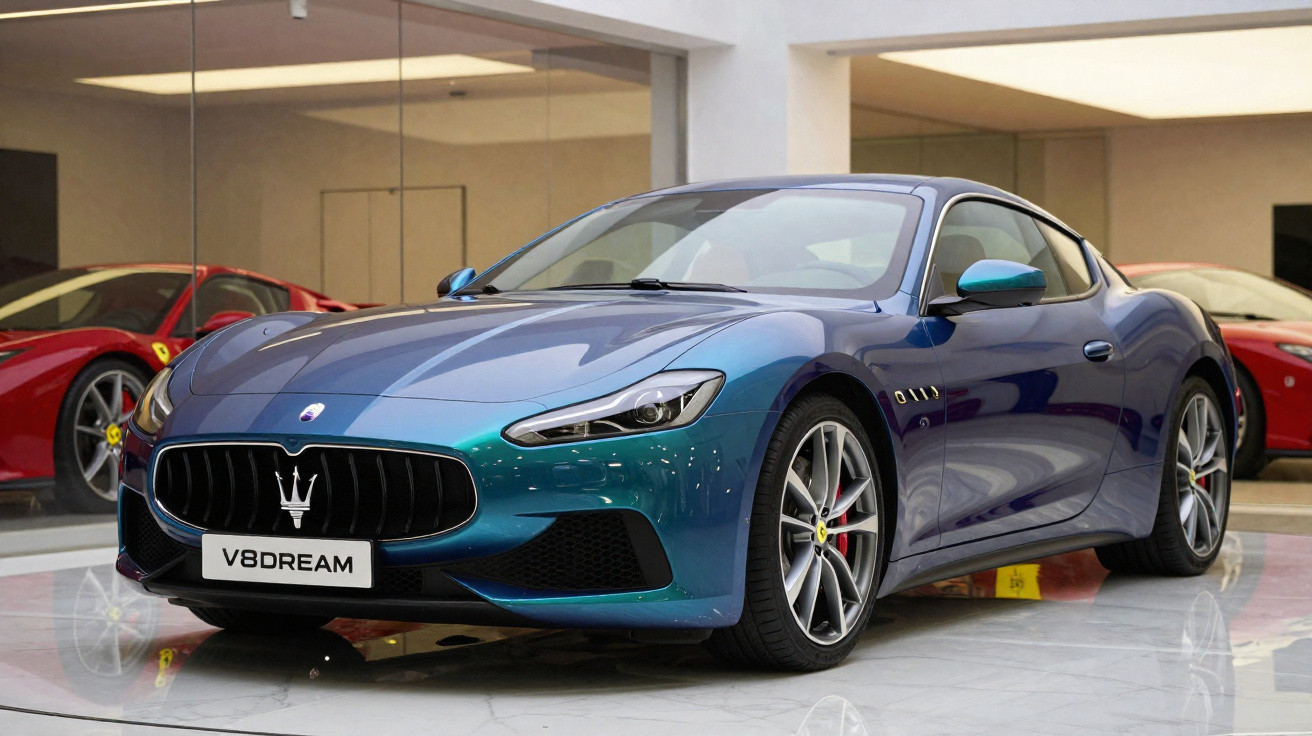 Carro esportivo Maserati azul metálico exibido em salão com piso branco e outro carro vermelho ao fundo.