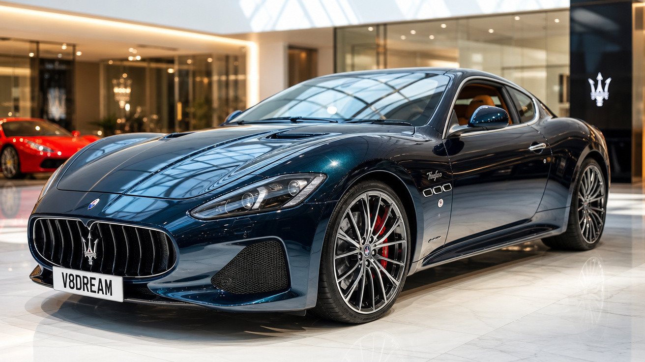 Carro esportivo Maserati Grand Turismo azul escuro em showroom com iluminação natural.