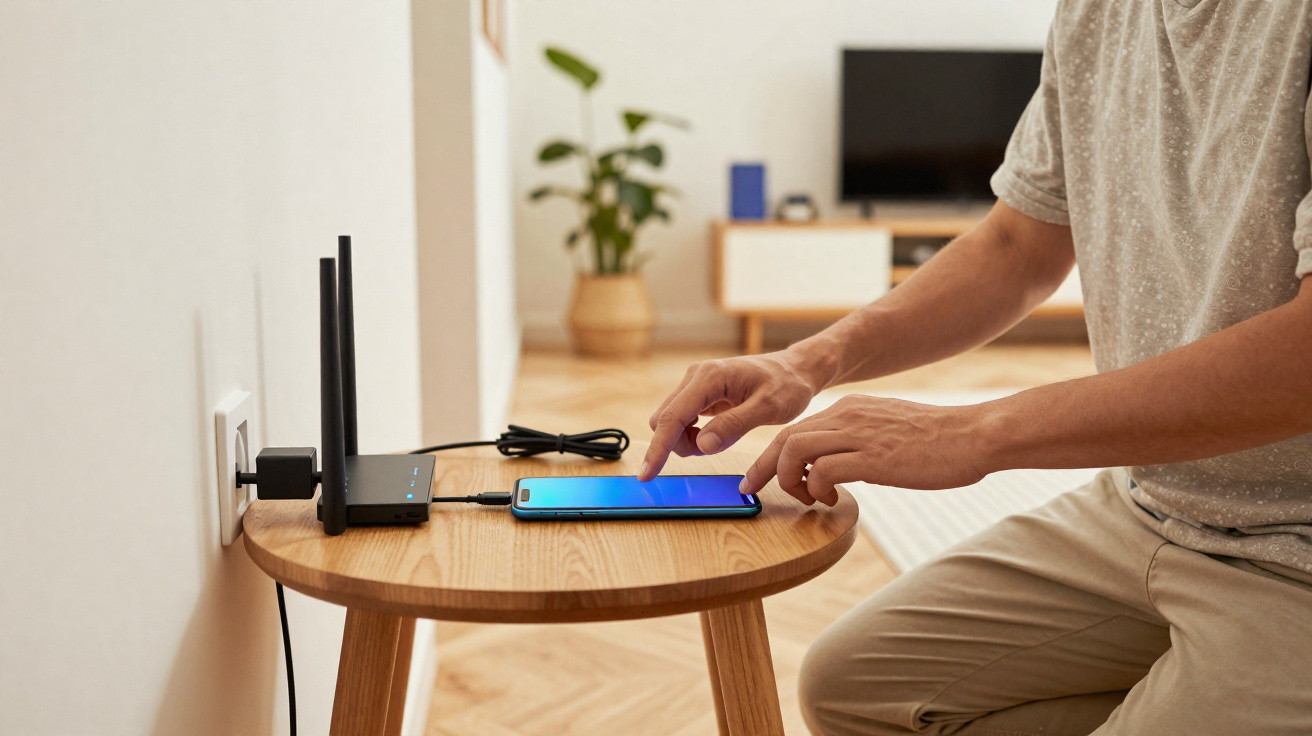 Pessoa usando smartphone conectado a roteador Wi-Fi com fio em mesa de madeira em sala.