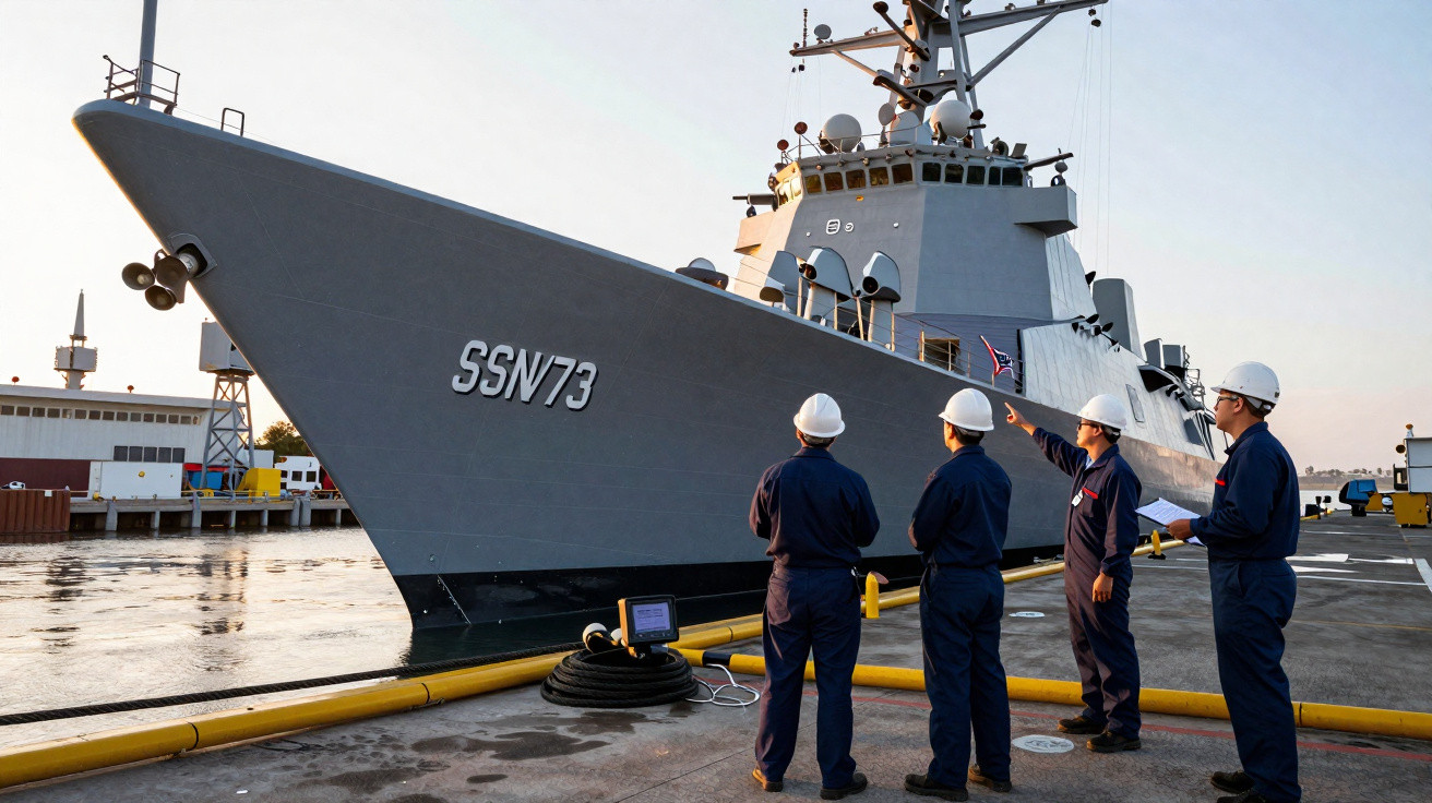 Quatro homens com capacetes observam o navio militar cinza SSN73 atracado em um porto.