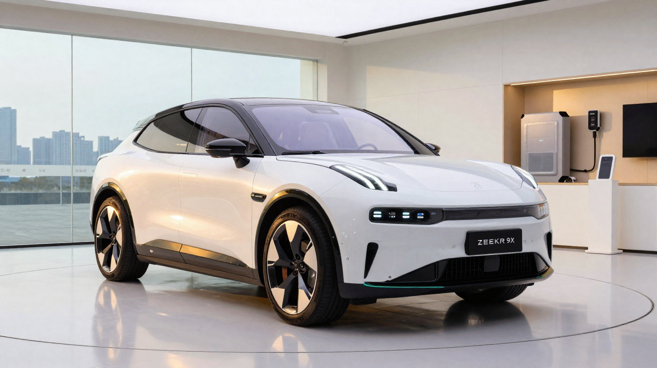 Carro elétrico branco Zeekr 9X em exposição moderna com iluminação suave e ambiente minimalista.