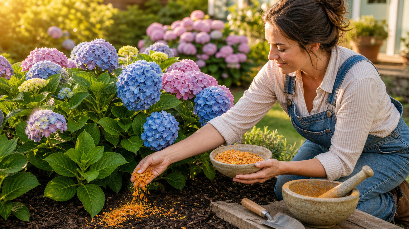 Mulher fertilizando hortênsias coloridas em jardim ensolarado, com ferramentas de jardinagem ao lado.