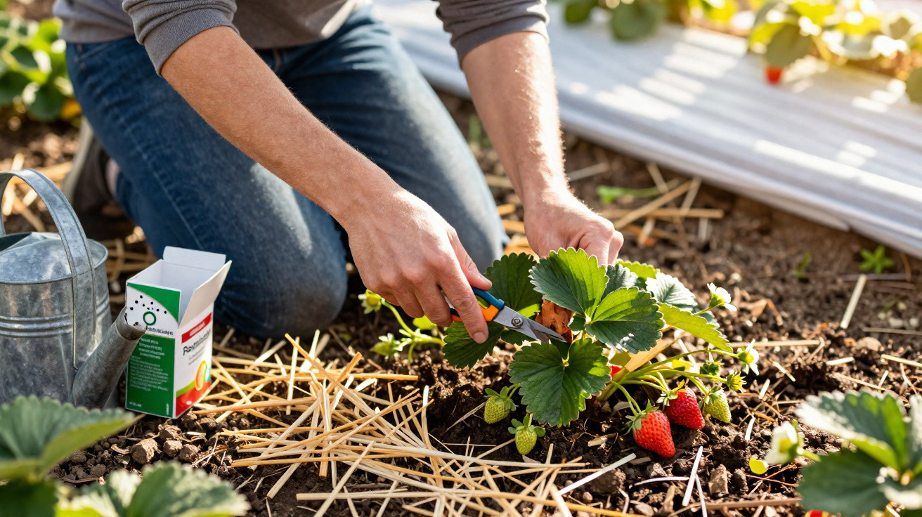 Pessoa com tesoura cuidando de planta de morango no jardim com regador e fertilizante ao lado.