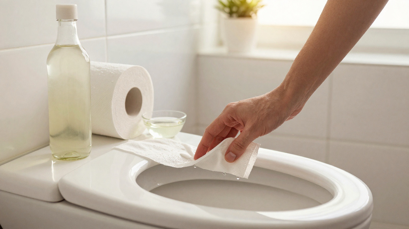 Mão limpando a borda do vaso sanitário com papel toalha, garrafa e rolo de papel ao fundo.