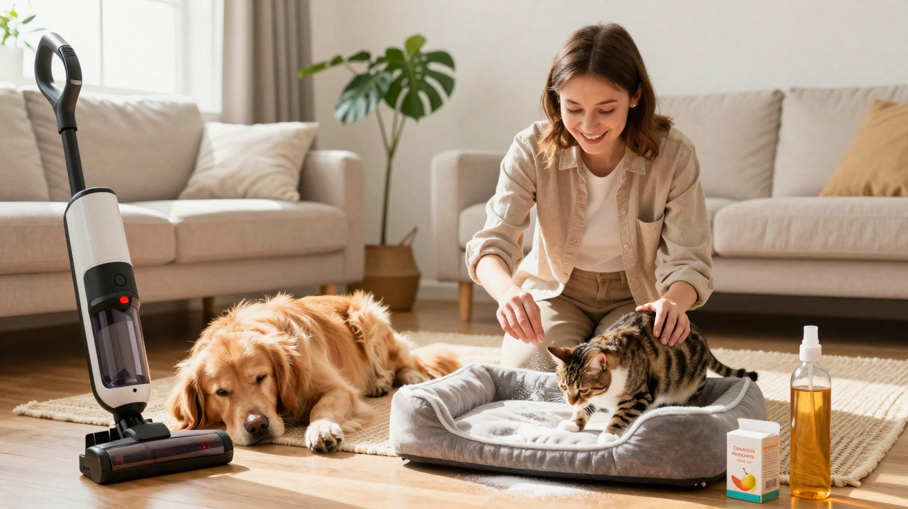 Mulher sorrindo acaricia gato em cama, cachorro dourado deitado e aspirador ao lado na sala iluminada.