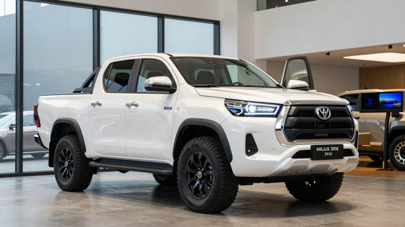 Picape branca Toyota Hilux 2026 em showroom, com porta do motorista aberta e rodas pretas robustas.