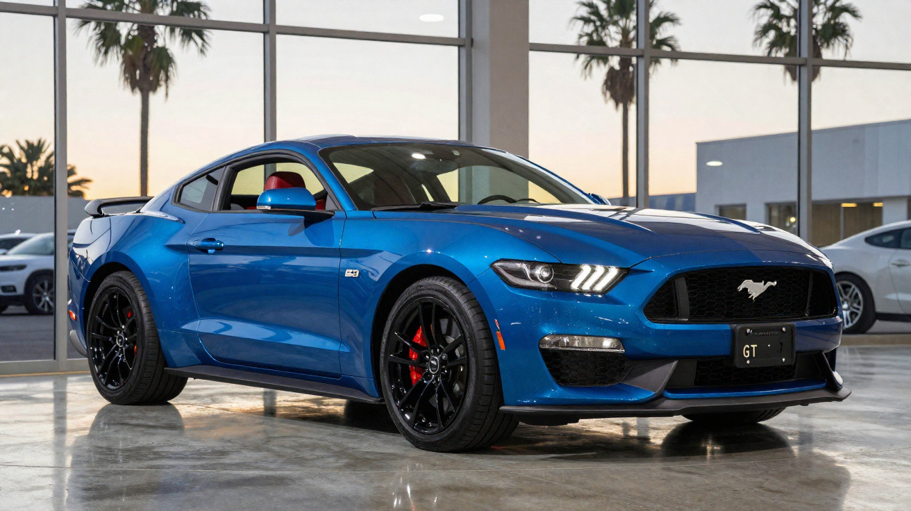 Carro esportivo Ford Mustang GT azul estacionado em showroom com piso refletivo e janelas grandes.