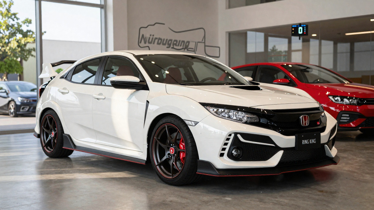 Carro esportivo branco Honda Civic Type R em showroom com outros carros ao fundo.