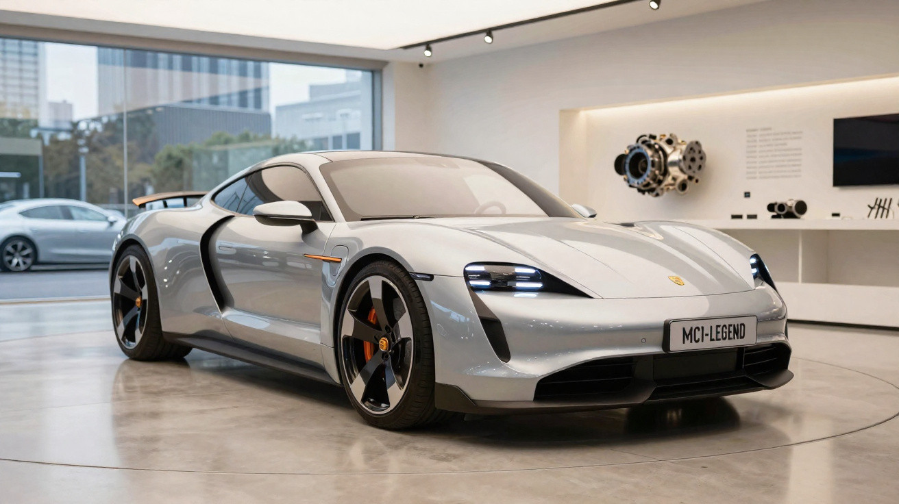 Carro esportivo prata estacionado dentro de showroom moderno com iluminação natural e artefatos automotivos.