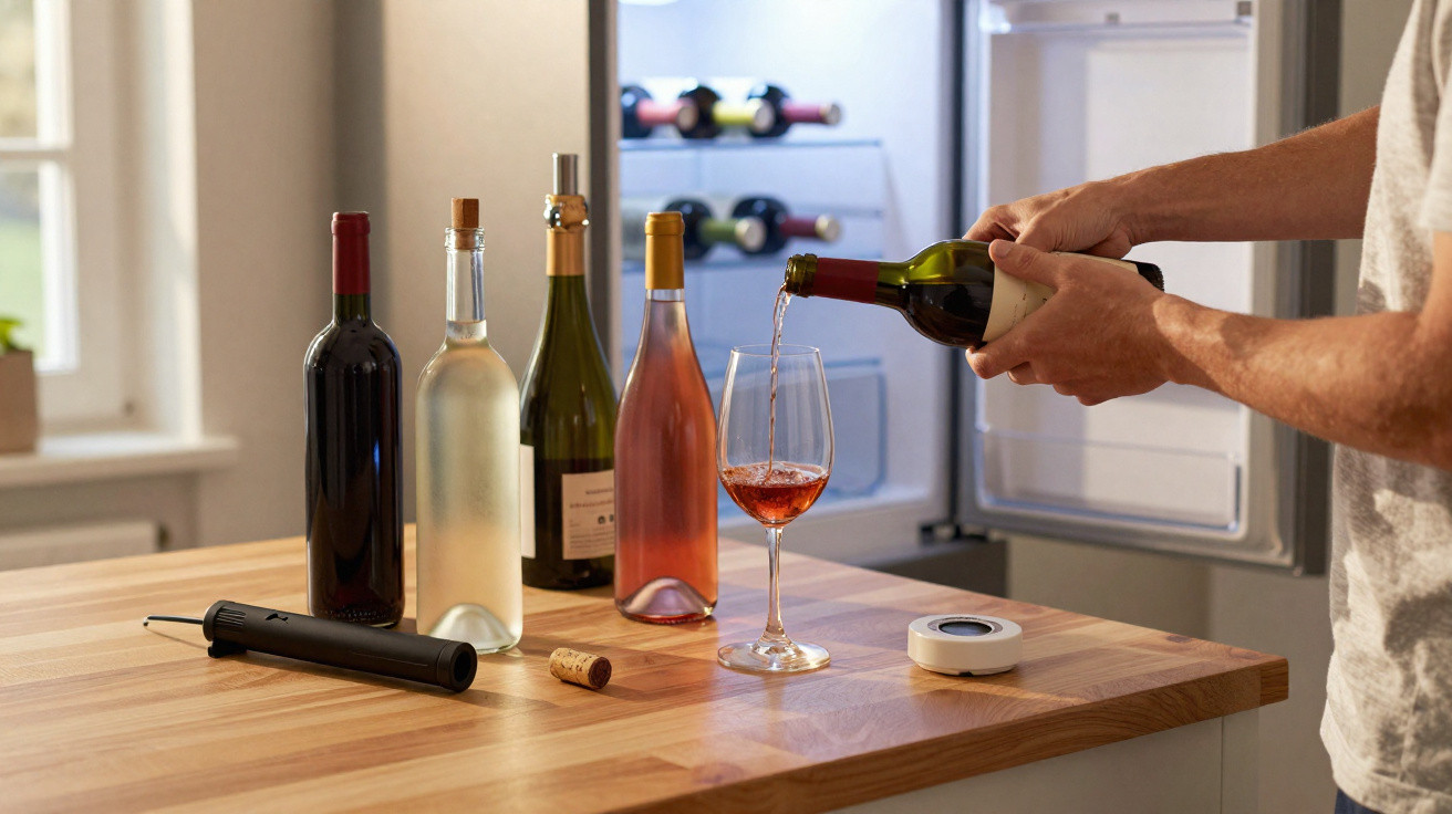 Pessoa servindo vinho rosé em taça na cozinha com várias garrafas sobre a bancada.