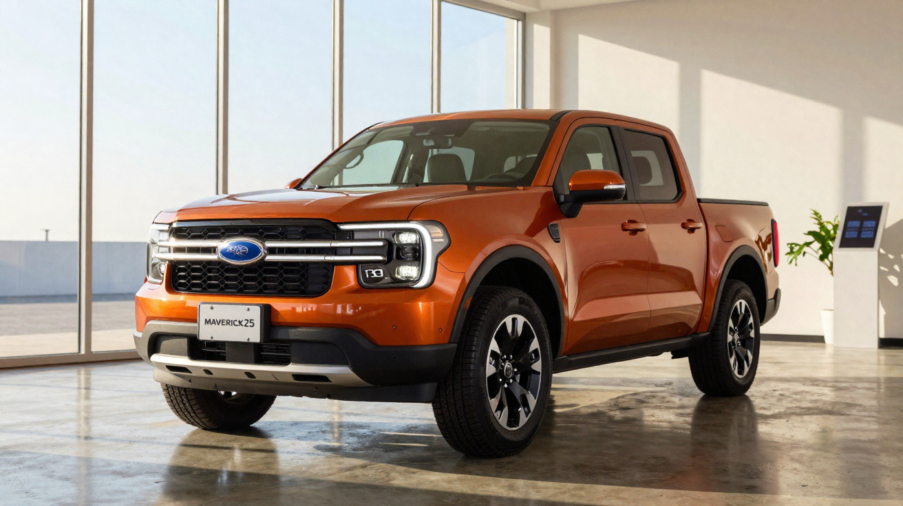 Picape Ford Maverick Laranja estacionada em ambiente interno com piso refletivo e grandes janelas.