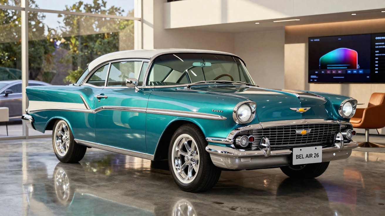 Carro clássico Chevrolet Bel Air 1957 azul com teto branco em ambiente interno moderno.