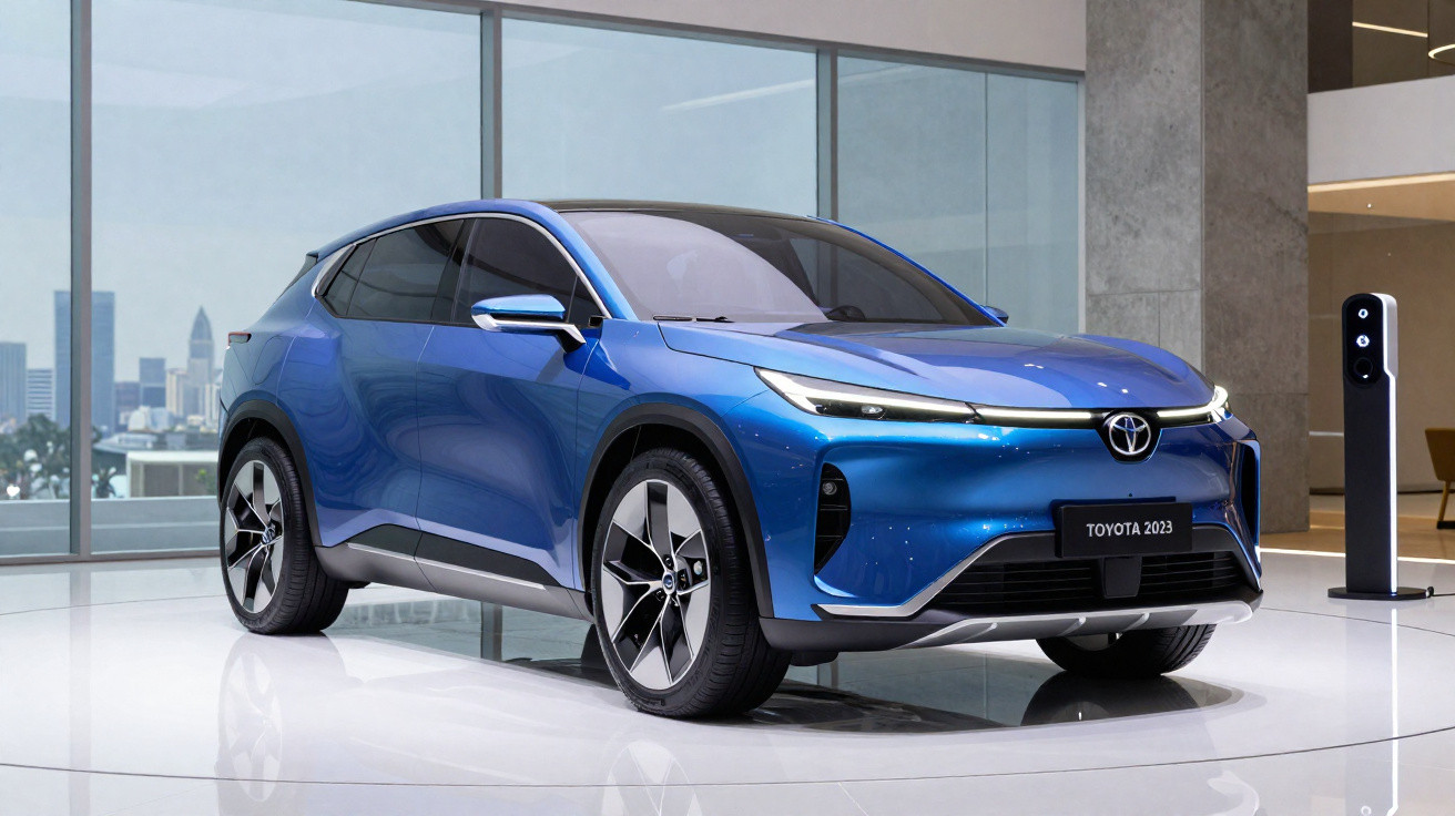 SUV elétrico azul Toyota 2023 exposto em ambiente moderno com vista para a cidade ao fundo.