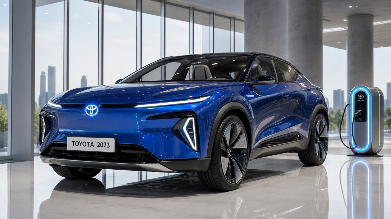 Carro elétrico azul Toyota 2023 estacionado em showroom moderno com estação de recarga ao lado.
