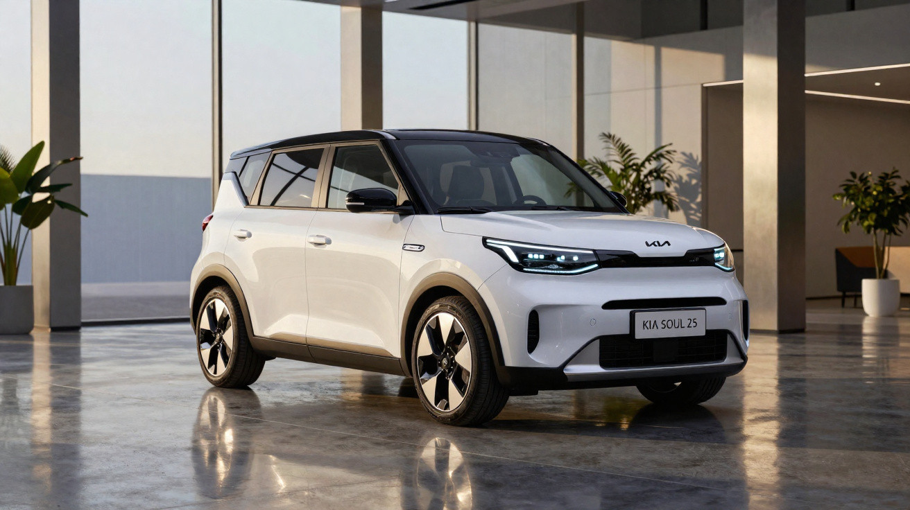 Carro Kia Soul 2025 branco com teto preto, em ambiente interno com piso refletivo e plantas ao fundo.
