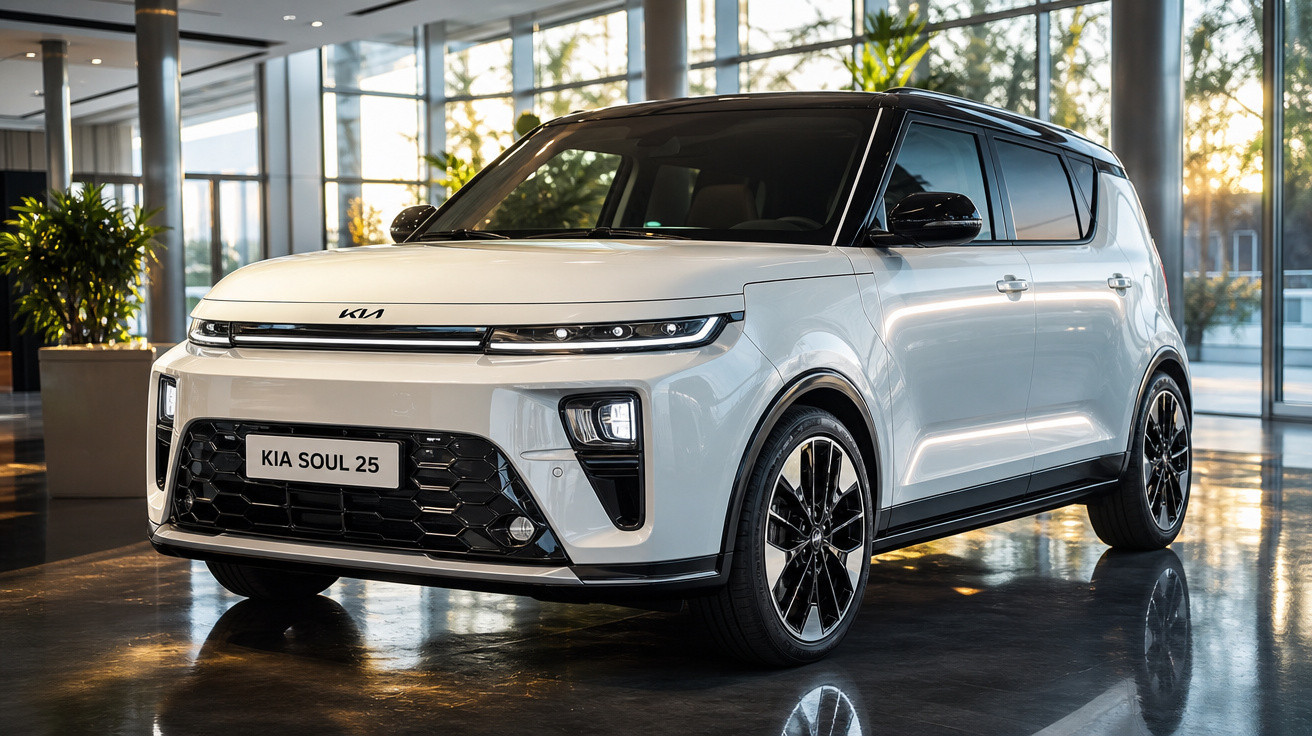 Carro branco Kia Soul 2025 estilizado em showroom moderno com piso brilhante e plantas ao fundo.