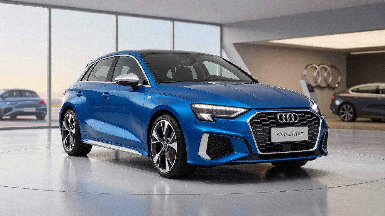 Carro Audi S3 Quattro azul exposto em showroom moderno com grandes janelas e outros veículos ao fundo.
