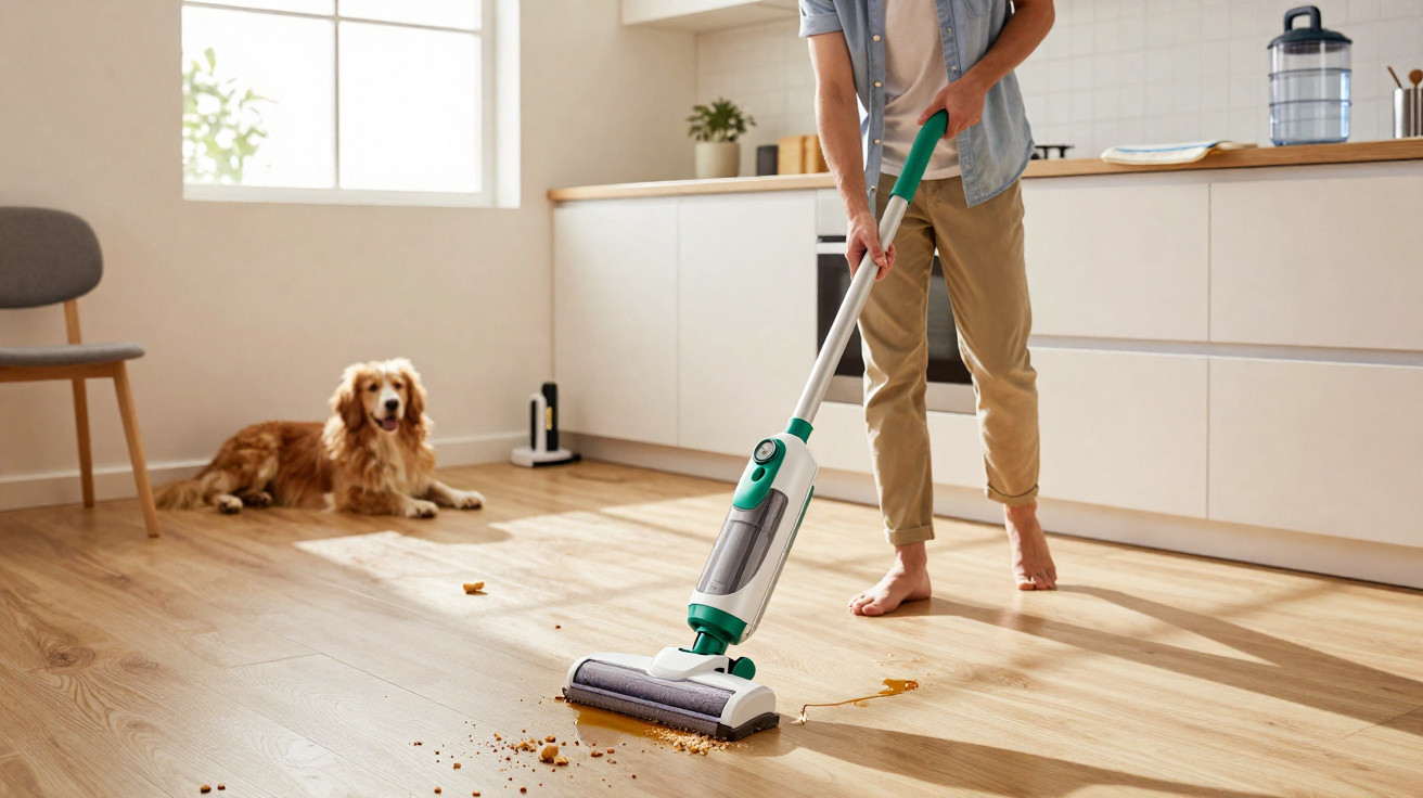 Pessoa limpando chão da cozinha com aspirador enquanto cachorro observa no fundo.