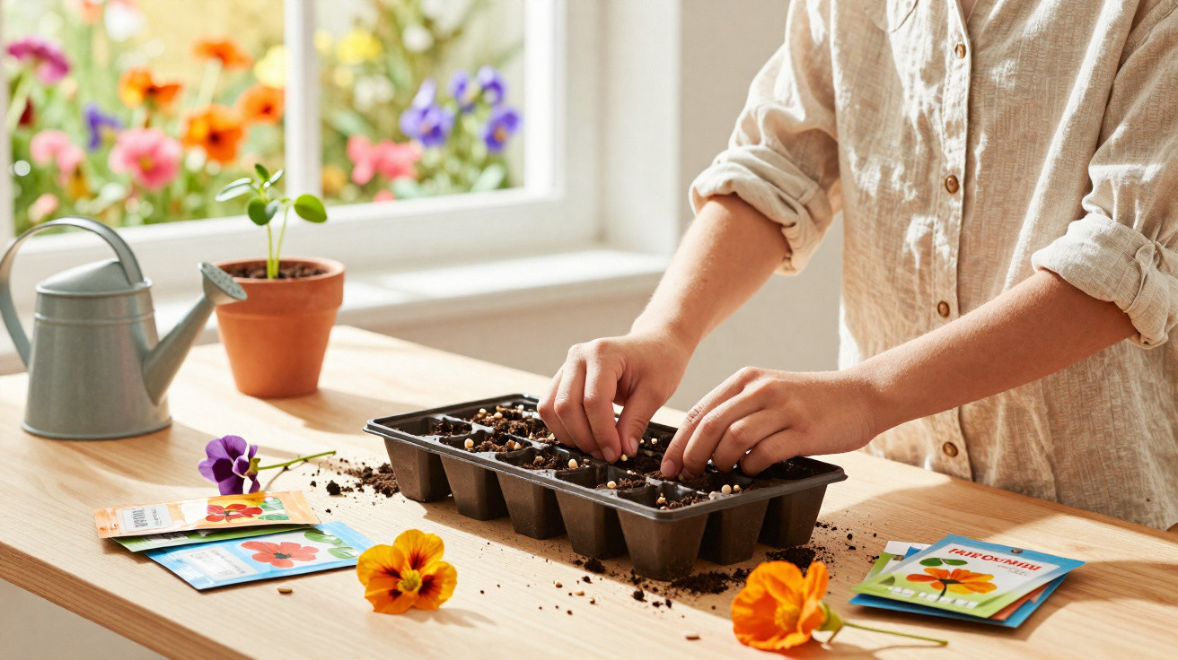 Pessoa plantando sementes em bandeja de mudas em mesa com regador, flores e pacotes de sementes.