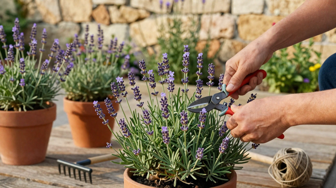Mãos podando flores de lavanda em vaso de cerâmica sobre mesa de madeira, com ferramentas ao fundo.