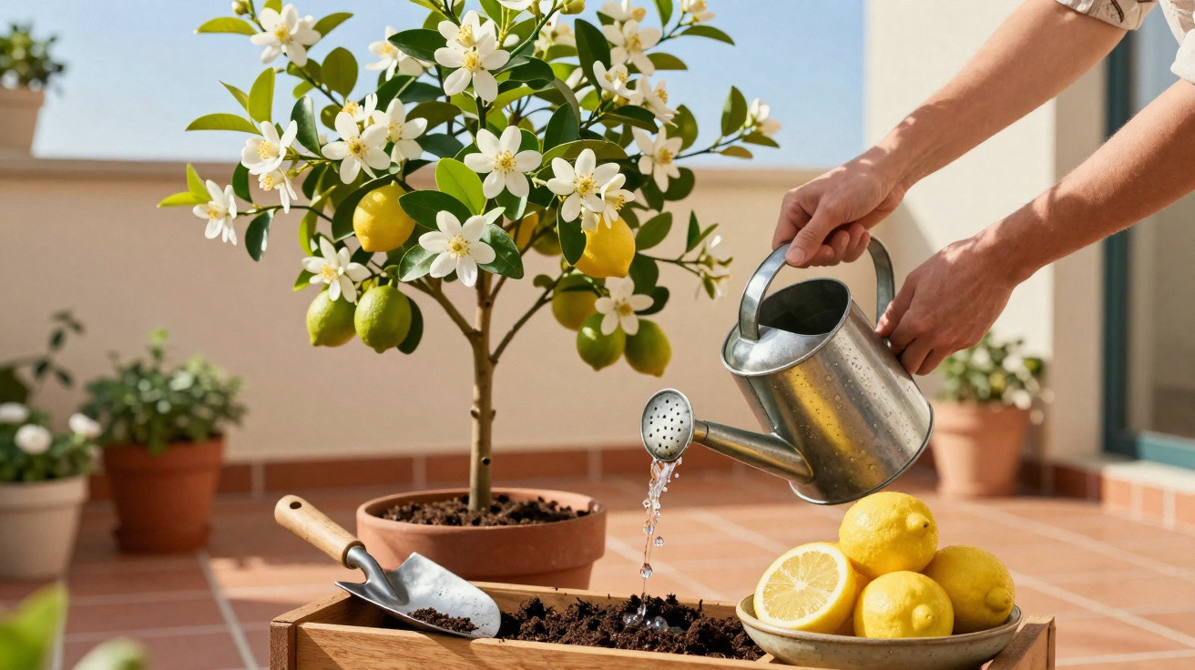 Pessoa regando muda de limoeiro florida em vaso, com limões e pá de jardinagem ao lado em varanda.