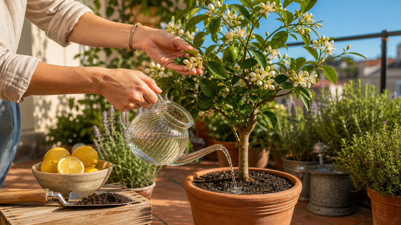 Pessoa regando árvore com flores brancas em vaso de barro em varanda com frutas e plantas ao redor.