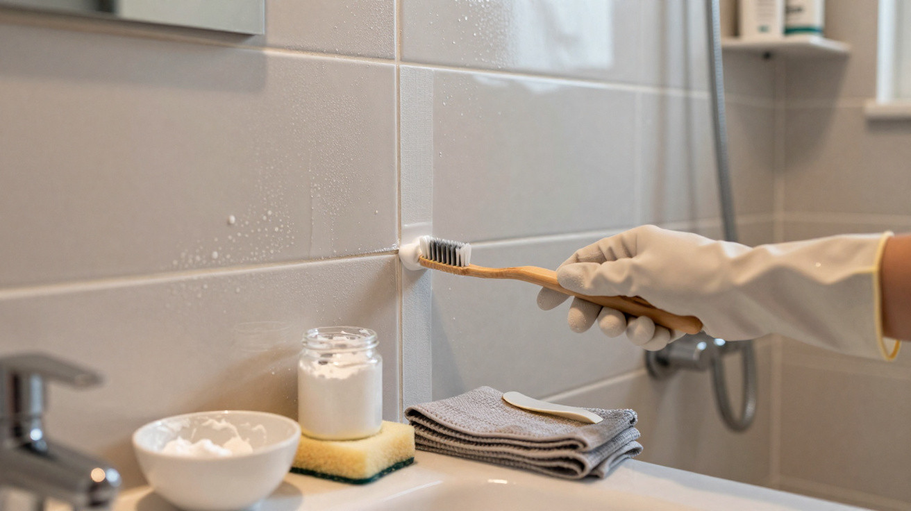Mão com luva branca limpando rejunte do azulejo do banheiro com escova de dentes e produtos de limpeza.