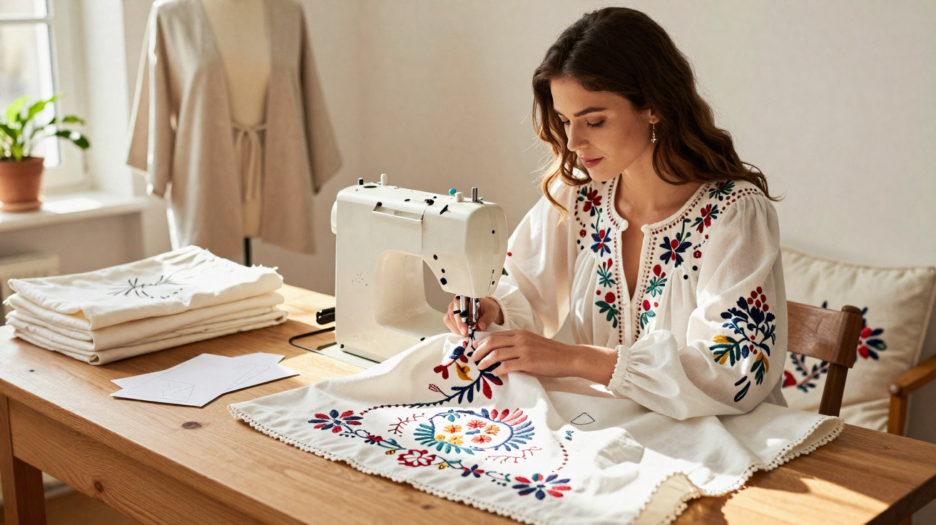 Mulher costurando bordado floral colorido em tecido branco usando máquina de costura em mesa de madeira.