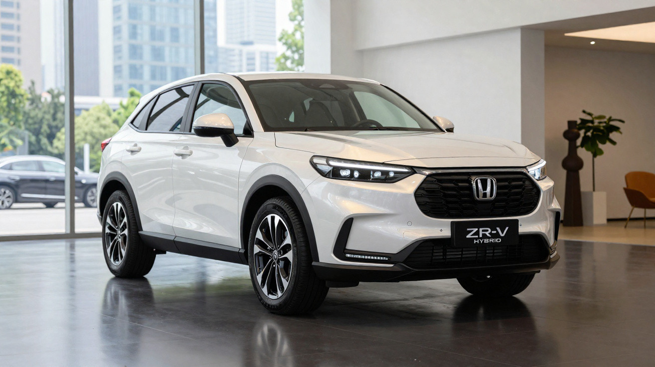 Carro branco Honda ZR-V híbrido estacionado em showroom com janelas grandes e árvores ao fundo.