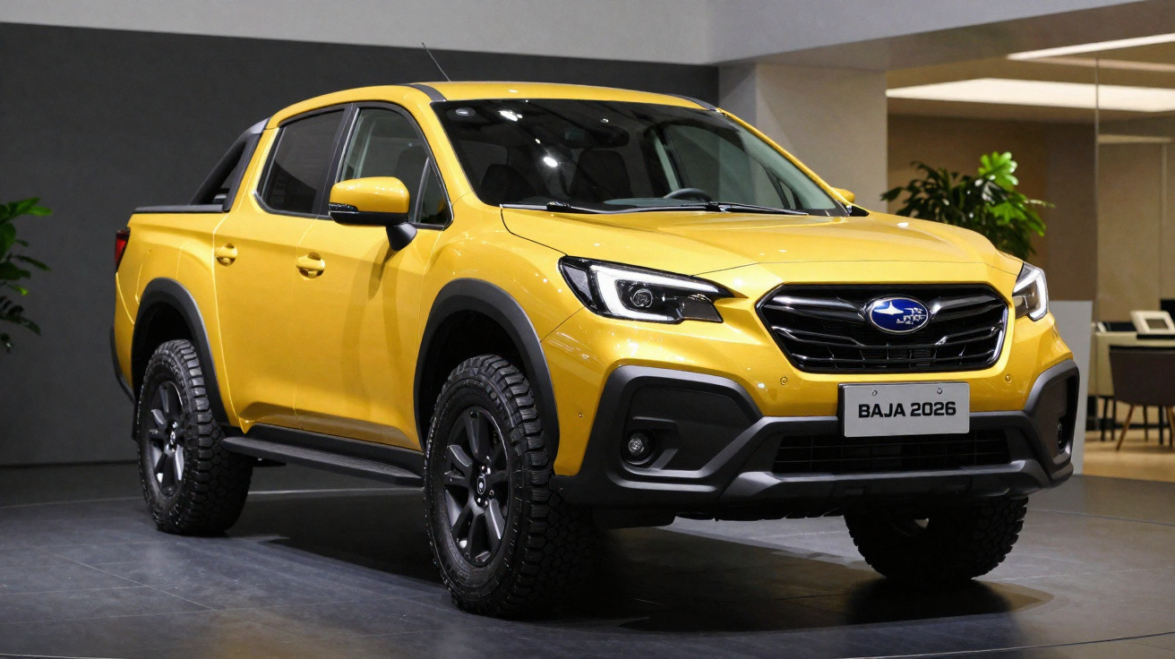 Picape amarela Subaru Baja 2026 estacionada em ambiente interno moderno.