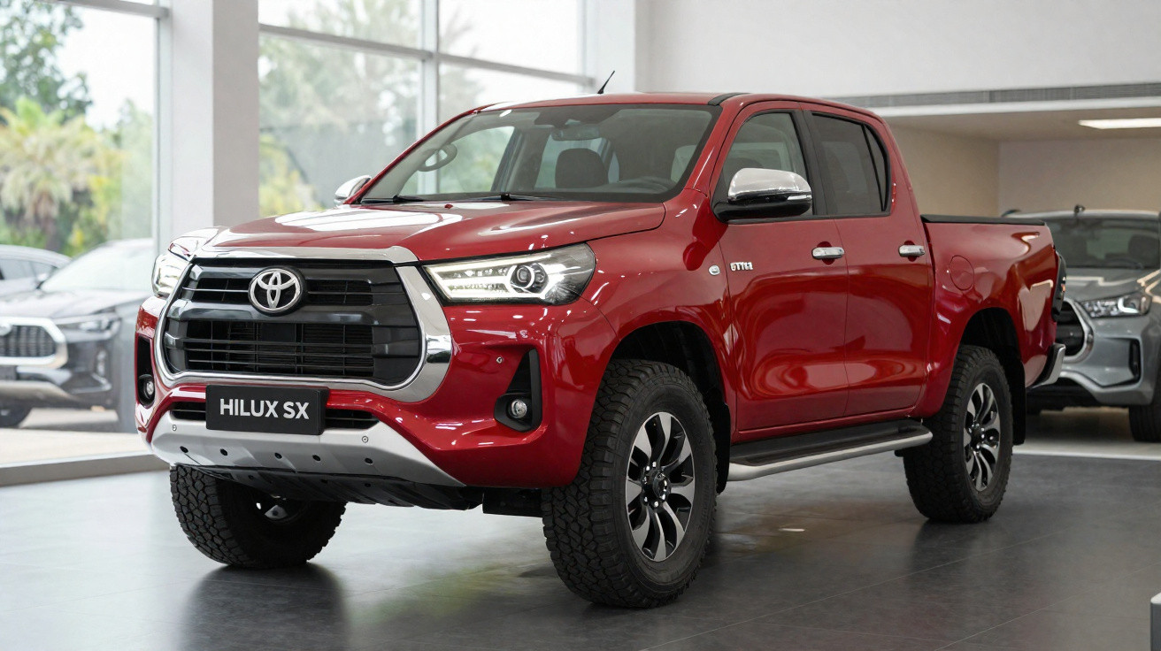 Picape Toyota Hilux SX vermelha exposta em showroom moderno com grandes janelas.