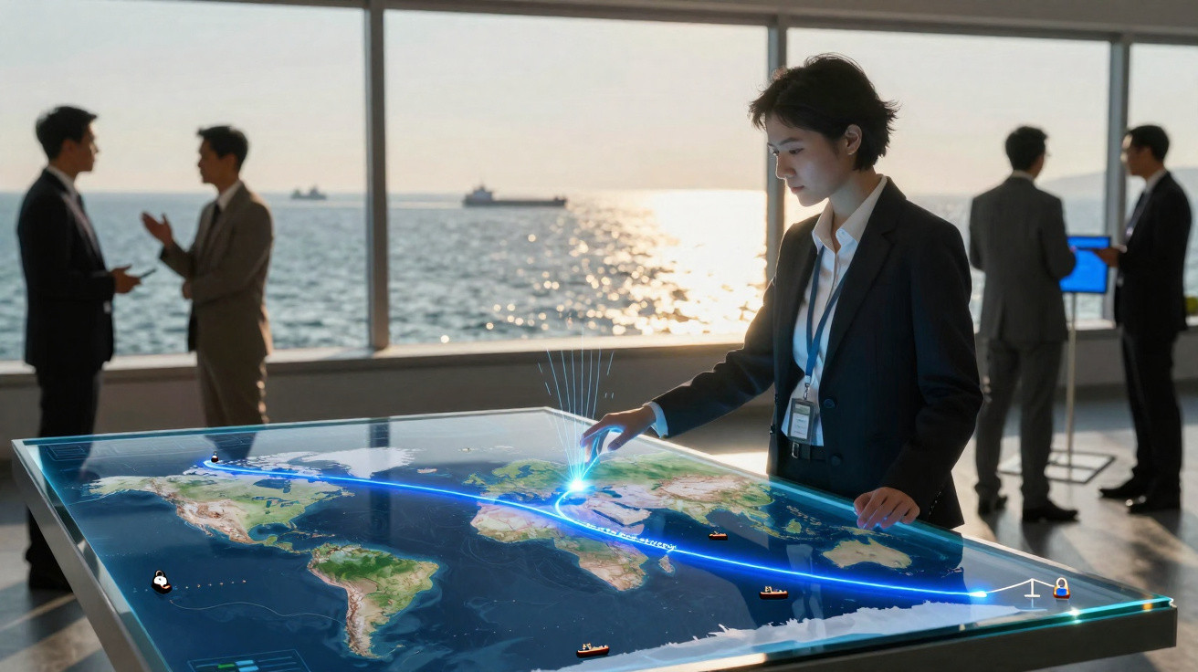 Mulher usando mesa interativa com mapa mundial digital e pessoas conversando ao fundo perto do mar.