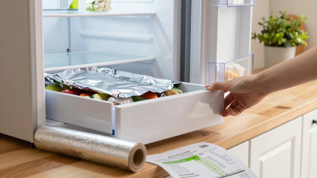 Mão abrindo gaveta da geladeira com legumes embalados em papel alumínio e papel filme na bancada.